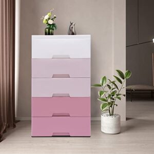 Gdrasuya10 Plastic Drawers Dresser, Storage Cabinet with 5 Drawers, Organizer Unit Stable Cart on Wheels Waterproof Plastic Cabinet with Drawers for Bedroom Apartment, Gradient Pink