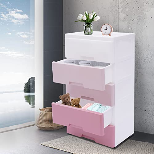 Gdrasuya10 Plastic Drawers Dresser, Storage Cabinet with 5 Drawers, Organizer Unit Stable Cart on Wheels Waterproof Plastic Cabinet with Drawers for Bedroom Apartment, Gradient Pink