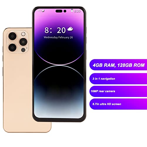 Zunate I14pro Max 6.7 in 4G Smartphone for Android, Unlocked Mobile Phone with 4GB RAM 64GB ROM, 128GB Supported, Face ID, 4000mAh, 8MP 16MP, Cell Phone for Senior Students(Gold)