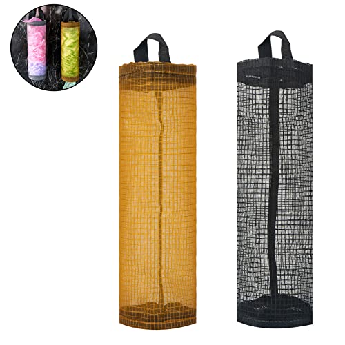 JANKOW 2PC Rubbish Bags Dispenser for Kitchen, Hanging Mesh Folding Garbage Bags Organizer, Transparent Plastic Bags (Trash Bags) Holder Recycling Grocery Pocket Container(Orange + Black)