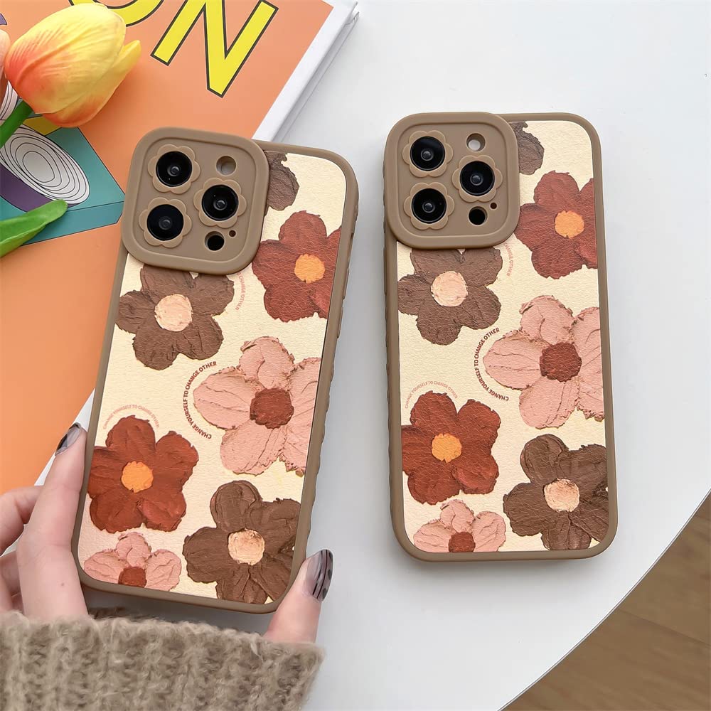 Fashion Oil Painting Flower Phone Case for iPhone 13 Pro Cover Cute Side Frame Design Silicone Protective Cases for Apple iPhone 13 Pro - Brown