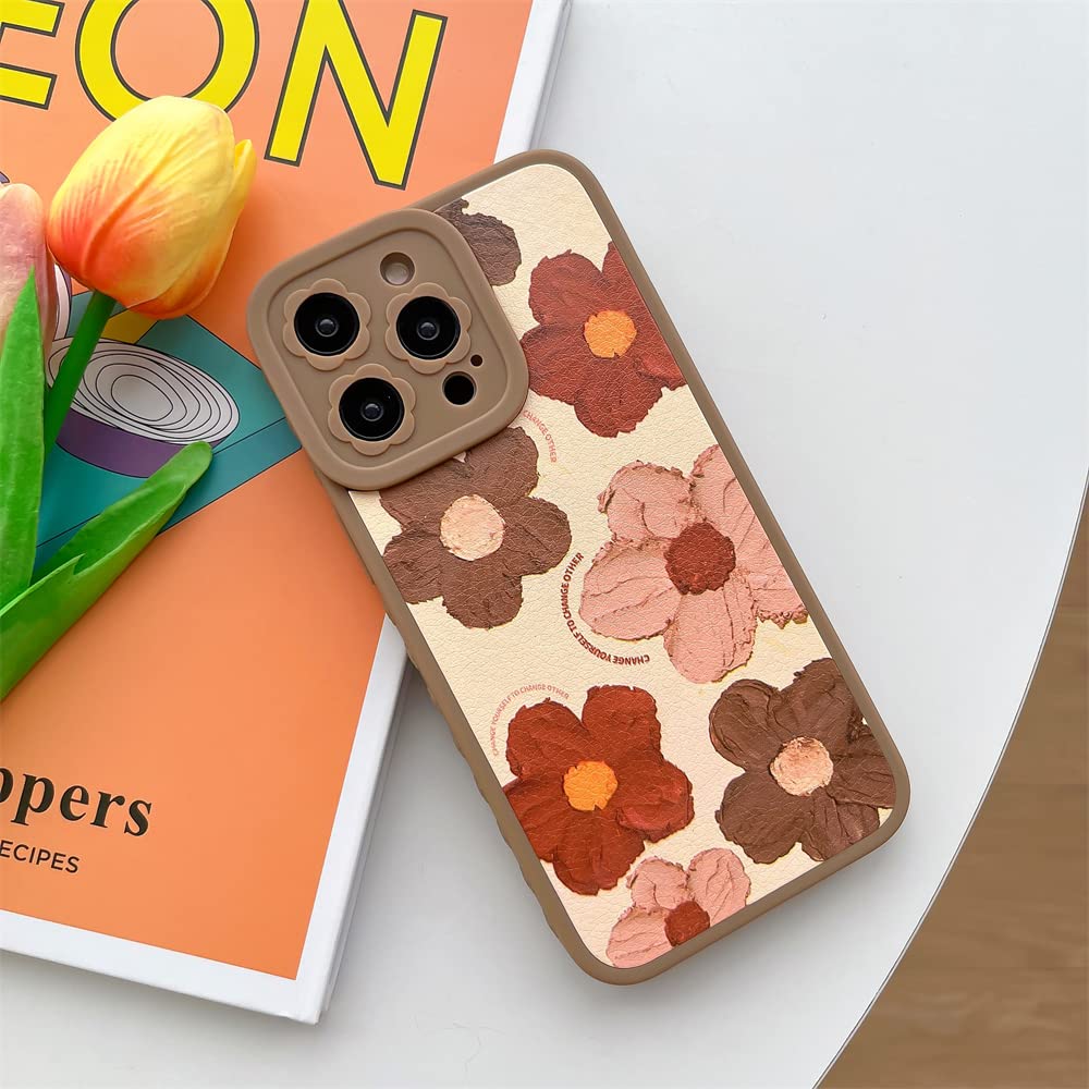 Fashion Oil Painting Flower Phone Case for iPhone 13 Pro Cover Cute Side Frame Design Silicone Protective Cases for Apple iPhone 13 Pro - Brown