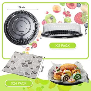 Tessco 12 Pack 12 in Disposable Catering Trays with Lids Serving Trays Black Plastic Round Platters with Clear Lids and 24 Pcs Deli Wax Paper Sheets for Party Food Sandwich Veggie Cookie Cake supplies
