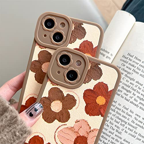 Cute Side Frame Flower Design Phone Case for Apple iPhone 14 Cover Fashion Silicone Protective Cases for Women Girls Compatible with iPhone 14 - Brown