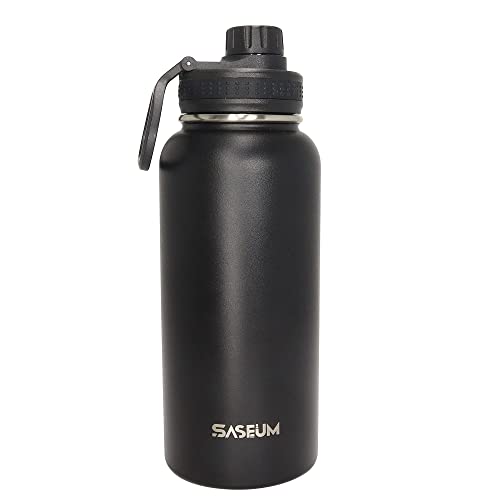 SASEUM Insulated Stainless Steel Water Bottles 32oz with Spout Lids Metal Vacuum Thermal Large Water Jug Leak-proof Reusable Flask for Sports Gym and Travel,Black