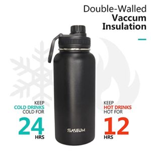 SASEUM Insulated Stainless Steel Water Bottles 32oz with Spout Lids Metal Vacuum Thermal Large Water Jug Leak-proof Reusable Flask for Sports Gym and Travel,Black