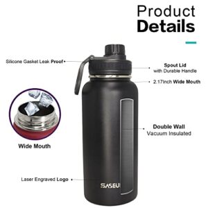 SASEUM Insulated Stainless Steel Water Bottles 32oz with Spout Lids Metal Vacuum Thermal Large Water Jug Leak-proof Reusable Flask for Sports Gym and Travel,Black