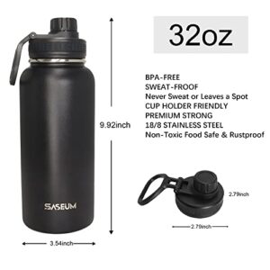 SASEUM Insulated Stainless Steel Water Bottles 32oz with Spout Lids Metal Vacuum Thermal Large Water Jug Leak-proof Reusable Flask for Sports Gym and Travel,Black