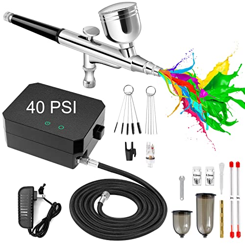 COSVII 40 PSI Airbrush Kit, Multi-Function Dual-Action Airbrush Set, Air Brush Kit With Air Compressor 3 Gears Pressure Adjustable for Painting Art Model Makeup Nail Cake Decorating Tattoo