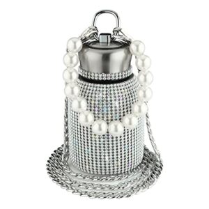 xudrez diamond thermos bottle for womens, diamond water bottle bling rhinestone stainless steel vacuum flask sparkling refillable insulated thermal bottle with pearl bracelet and chain (silver)