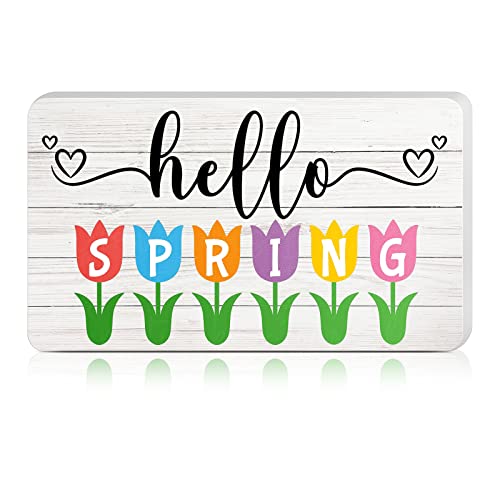 Hello Spring Wood Sign Farmhouse Tulips Spring Decor 9 x 5.3 Inch Spring Table Centerpiece Freestanding Wall Table Decor Wooden Cutout Tulips Spring Decoration for Home Dining Room (Spring)