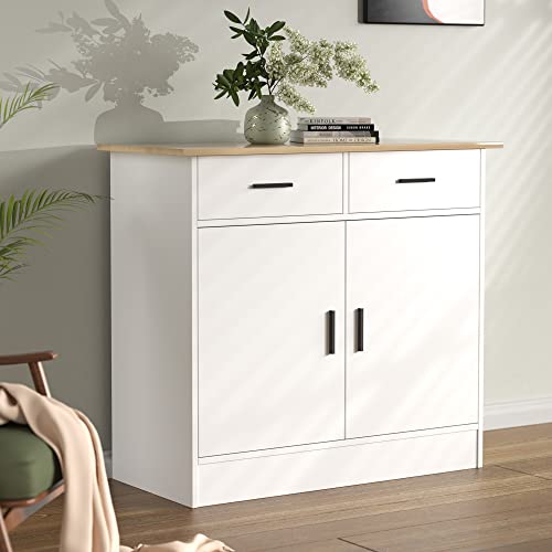 Cozy Castle Kitchen Buffet Storage Cabinet with Doors, Drawers and Flexible Shelf, Buffet Table Sideboard for Kitchen, Entryway, Dining Room,White