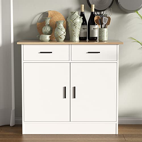 Cozy Castle Kitchen Buffet Storage Cabinet with Doors, Drawers and Flexible Shelf, Buffet Table Sideboard for Kitchen, Entryway, Dining Room,White