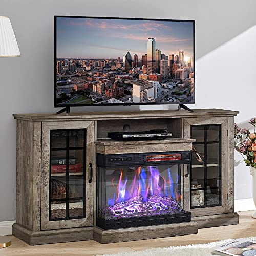 AMERLIFE 59'' Fireplace TV Stand, 3-Sided Glass Fireplace Rustic Media Entertainment Center Console Table for TVs up to 65'' with Glass Door Closed Storage, Wash Gray