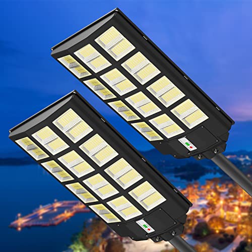 Opkiddle 2 Pack 1200W Solar Powered Street Lights Outdoor Waterproof, 120000 Lumens High Brightness Dusk to Dawn LED Lamp, with Pole, Remote Control, for Yard, Garden, Patio, Stadium, Piazza