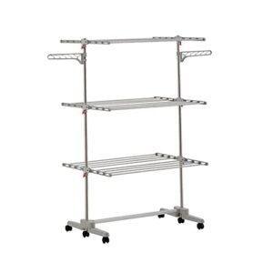 hulife 3-tier foldable clothes drying rack, stainless steel, 6 foldable trays, 2 extra side wings, easy storage (made in korea)