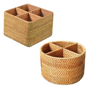 2packs handweaved rattan four divider box without lid | 4 compartments storage box cosmetics organizer utensil and bottle serving basket | 1pack round and 1pack squre rattan divider storage holders