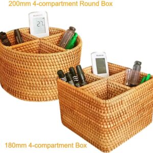 2packs Handweaved Rattan Four Divider Box Without Lid | 4 Compartments Storage Box Cosmetics Organizer Utensil and Bottle Serving Basket | 1Pack Round and 1Pack Squre Rattan Divider Storage Holders