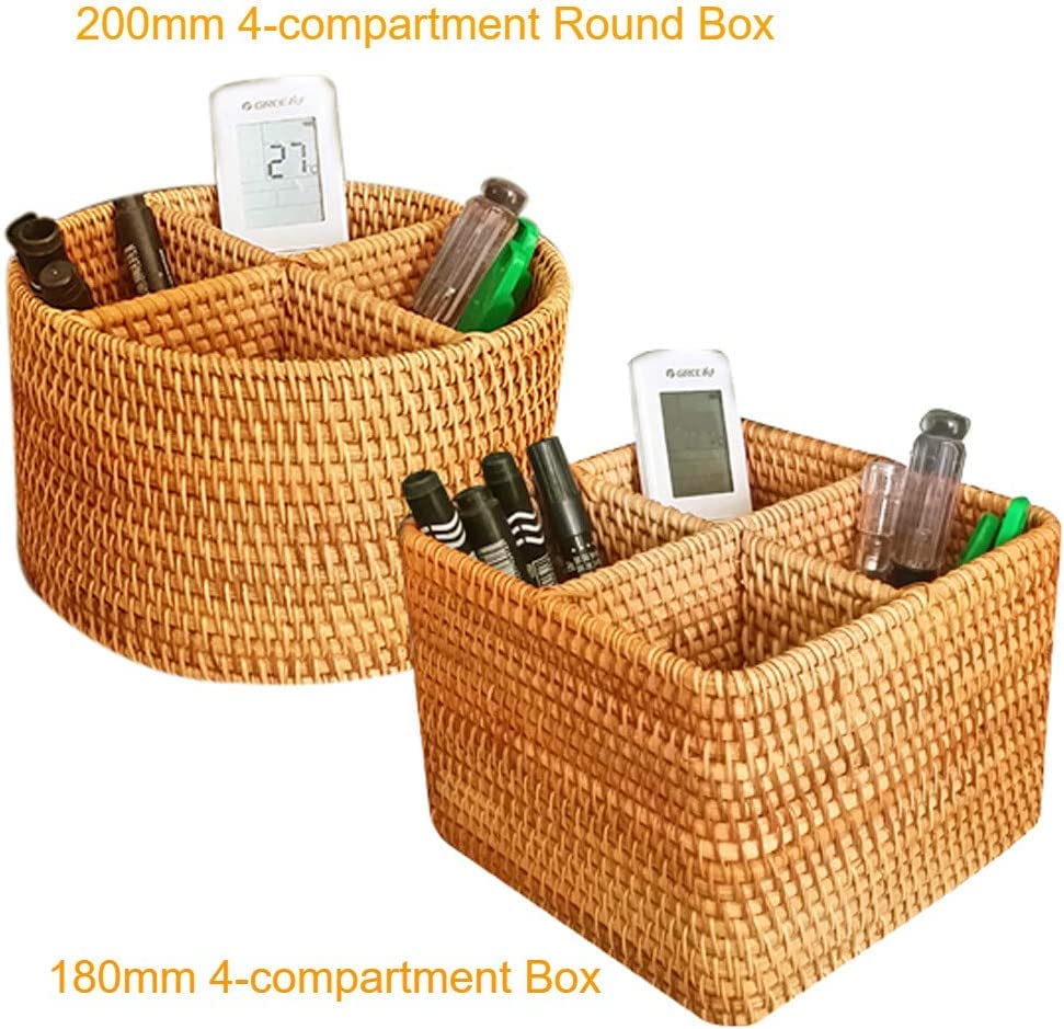 2packs Handweaved Rattan Four Divider Box Without Lid | 4 Compartments Storage Box Cosmetics Organizer Utensil and Bottle Serving Basket | 1Pack Round and 1Pack Squre Rattan Divider Storage Holders