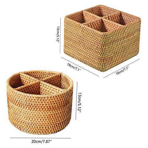 2packs Handweaved Rattan Four Divider Box Without Lid | 4 Compartments Storage Box Cosmetics Organizer Utensil and Bottle Serving Basket | 1Pack Round and 1Pack Squre Rattan Divider Storage Holders