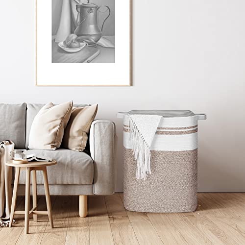 DOFASAYI Laundry Basket - Large Woven Rope Tall Laundry Hamper with Handles, Living Room Decorative Blanket Basket, Collapsible Large Storage Basket for Living room, Bedroom 17x13.8x22.1'' Light Brown