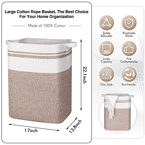 DOFASAYI Laundry Basket - Large Woven Rope Tall Laundry Hamper with Handles, Living Room Decorative Blanket Basket, Collapsible Large Storage Basket for Living room, Bedroom 17x13.8x22.1'' Light Brown