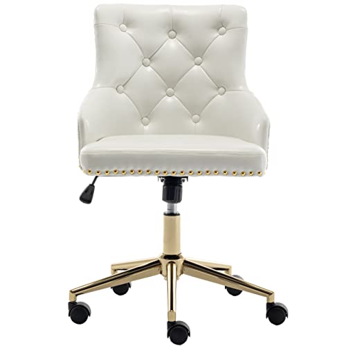 BTEXPERT White PU Leather Golden Base Home Adjustable Tufted Leisure Gold Nail Head Trim Upholstery Bedroom Study Desk Task Accent Arm Tilt Office Chair