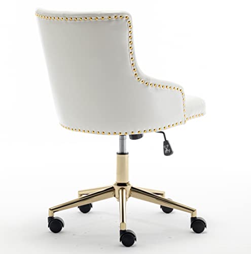 BTEXPERT White PU Leather Golden Base Home Adjustable Tufted Leisure Gold Nail Head Trim Upholstery Bedroom Study Desk Task Accent Arm Tilt Office Chair