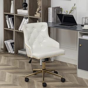 BTEXPERT White PU Leather Golden Base Home Adjustable Tufted Leisure Gold Nail Head Trim Upholstery Bedroom Study Desk Task Accent Arm Tilt Office Chair