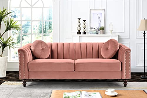 Container Direct 75'' Mid-Century Modern Velvet Sofa Chesterfield Inspired Luxury 3 Seater Couch for Living Room with Removable Cushions and Turned Wood Legs, Rose