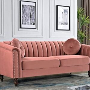 Container Direct 75'' Mid-Century Modern Velvet Sofa Chesterfield Inspired Luxury 3 Seater Couch for Living Room with Removable Cushions and Turned Wood Legs, Rose