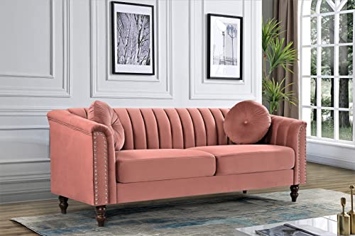 Container Direct 75'' Mid-Century Modern Velvet Sofa Chesterfield Inspired Luxury 3 Seater Couch for Living Room with Removable Cushions and Turned Wood Legs, Rose