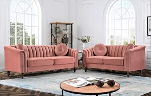container direct mid-century modern velvet sofa chesterfield inspired luxury 2 piece set for living room with removable cushions and turned wood legs, loveseat, couch, rose