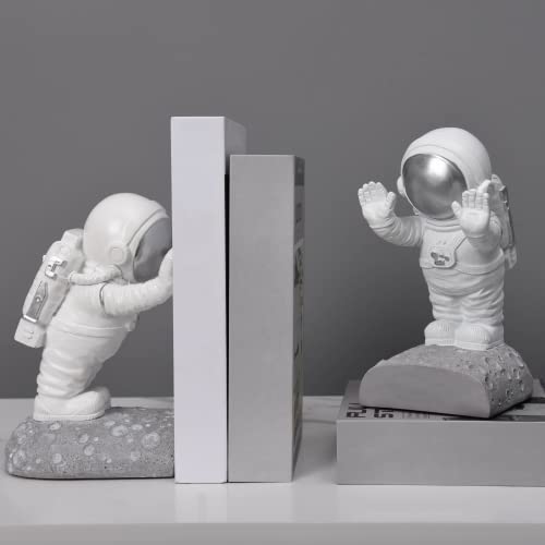 Joyvano Astronaut Bookends - Book Ends to Hold Books - Space Decor Bookends for Kids Rooms - Bookends for Heavy Books - Unique Book Holders with Anti-Slip Base (Silver)