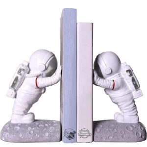joyvano astronaut bookends - book ends to hold books - space decor bookends for kids rooms - bookends for heavy books - unique book holders with anti-slip base (silver)
