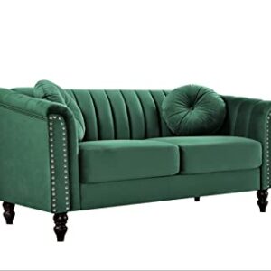 Container Direct 61'' Mid-Century Modern Velvet Loveseat, Chesterfield Inspired Luxury 2 Seater Couch for Living Room with Removable Cushions and Turned Wood Legs, Green