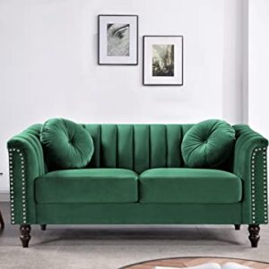 Container Direct 61'' Mid-Century Modern Velvet Loveseat, Chesterfield Inspired Luxury 2 Seater Couch for Living Room with Removable Cushions and Turned Wood Legs, Green