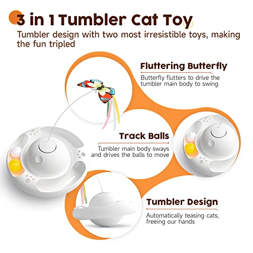 Potaroma Cat Toys Tumbler Smart Interactive Electronic Kitten Toy, Fluttering Butterfly, Bell Track Balls, Indoor Exercise Cat Kicker, 3 AA Batteries Required (Bright White)