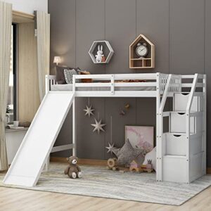 runwon solid wood twin size loft bed with storage and slide for kids teens bedroom, no box spring needed, white