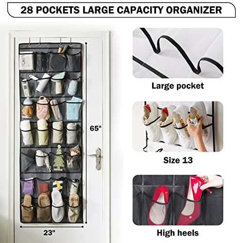 YOUDENOVA 28 Extra Large Mesh Pocket Over-The-Door Shoe Organizer - Closet Space Saver with 4 Metal Hooks for Sneakers, High Heels and Slippers - Fits Behind Doors - Grey