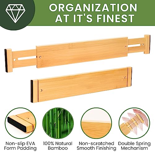 romise Drawer Dividers, Adjustable Bamboo Drawer Organizers, Bamboo Drawer Dividers Kitchen Organizers (15" - 22"), 4 Pack Expandable Drawer Organization Separators for Dresser,Bathroom,Bedroom,Drawer