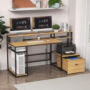 AYEASY Home Office Desk with Monitor Stand Shelf, 66 inch Large Computer Desk with Power Outlet and USB Charging Port, Computer Table with Storage Shelves and Drawer, Study Work Desk, Natural