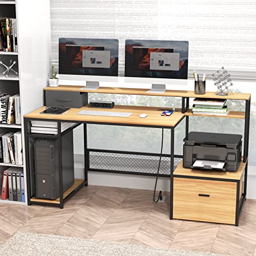 AYEASY Home Office Desk with Monitor Stand Shelf, 66 inch Large Computer Desk with Power Outlet and USB Charging Port, Computer Table with Storage Shelves and Drawer, Study Work Desk, Natural