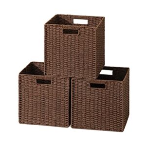ubbcare 3 pack wicker basket, 11.8l×11.8h×11w inch woven paper rope storage baskets for shelves, foldable cube storage bin with handle, storage basket for organizing & decor, brown