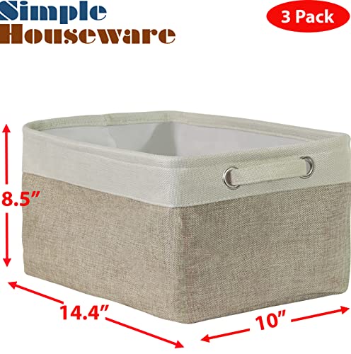 Simple Houseware Large Decorative Fabric Storage Bin Basket for Nursery, 3 Pack, Beige