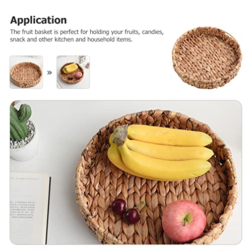 OUNONA Woven Round Fruit Tray Bread Serving Basket Water Hyacinth Storage Baskets Handmade Tabletop Storage Holder Tray Rustic Ottoman Tray for Dinner Breakfast Drinks Snack