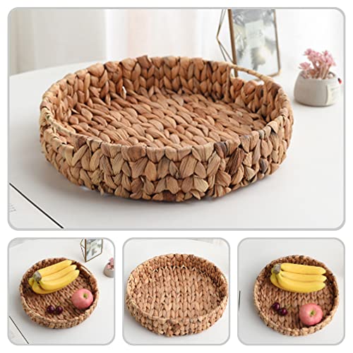 OUNONA Woven Round Fruit Tray Bread Serving Basket Water Hyacinth Storage Baskets Handmade Tabletop Storage Holder Tray Rustic Ottoman Tray for Dinner Breakfast Drinks Snack