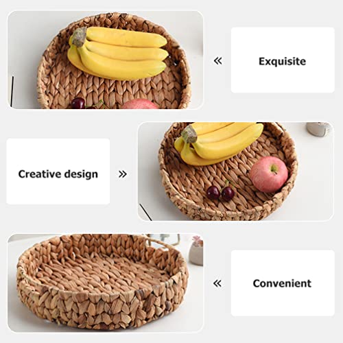 OUNONA Woven Round Fruit Tray Bread Serving Basket Water Hyacinth Storage Baskets Handmade Tabletop Storage Holder Tray Rustic Ottoman Tray for Dinner Breakfast Drinks Snack