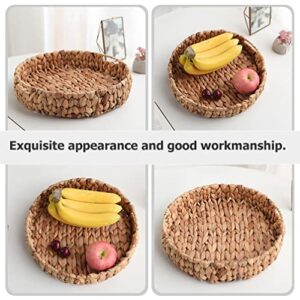 OUNONA Woven Round Fruit Tray Bread Serving Basket Water Hyacinth Storage Baskets Handmade Tabletop Storage Holder Tray Rustic Ottoman Tray for Dinner Breakfast Drinks Snack