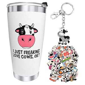 Cow Themed Gifts- Cow Print Tumbler Cup Gift for Women with Cow Keychain- Cow Print Stickers 50 pack- Gift Idea for Cow Lover- Farm Gifts for Women Stainless Steel (20 OZ)